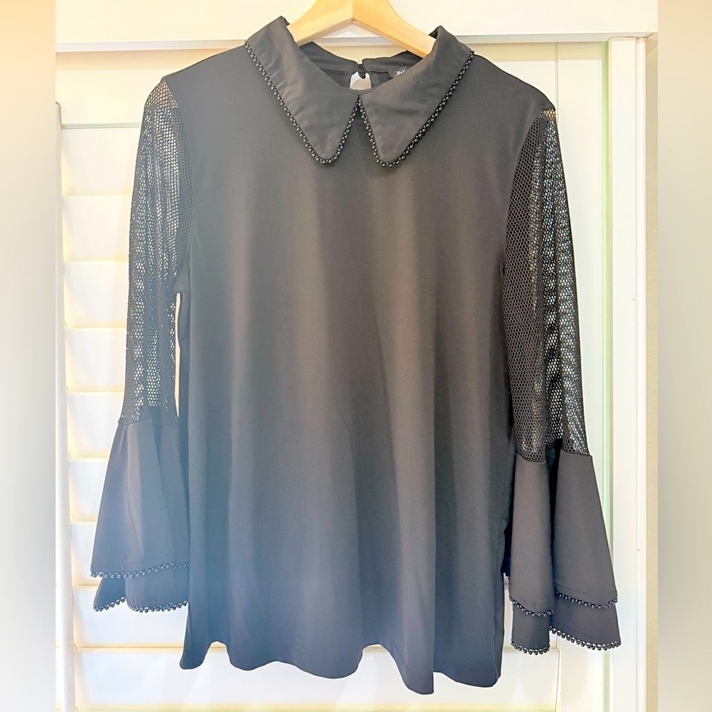 Athena Marie Elegant Black Blouse with Mesh Sleeves and Beaded Collar
